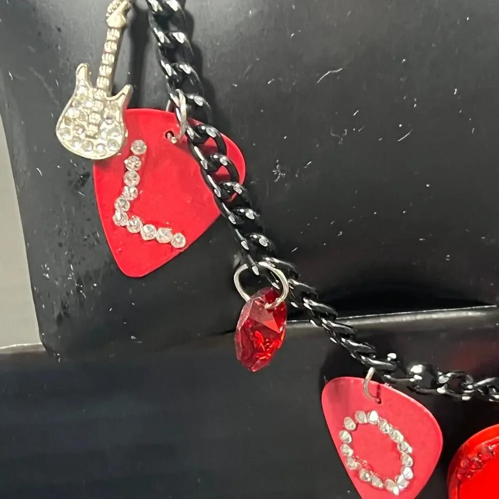 Handmade Red Guitar Pendant LOVE Guitar Pick Crystal Heart Necklace 12.75”